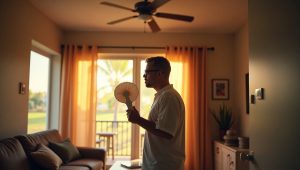 South Florida homeowner fanning themselves indoors due to a broken air conditioner, highlighting the need for AC repair in Pompano Beach, FL.