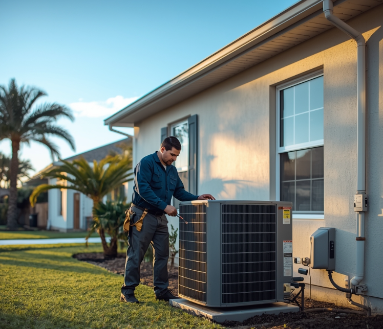 HVAC technician performing winter air conditioning maintenance tune-up on a residential outdoor AC unit beside a Florida home in Fort Lauderdale.