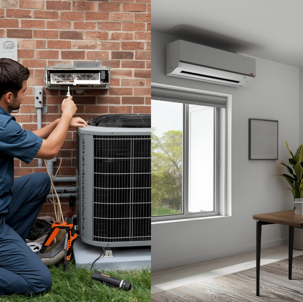 Technician repairing outdoor AC unit next to modern wall-mounted air conditioner showing repair vs replacement decision in Delray Beach